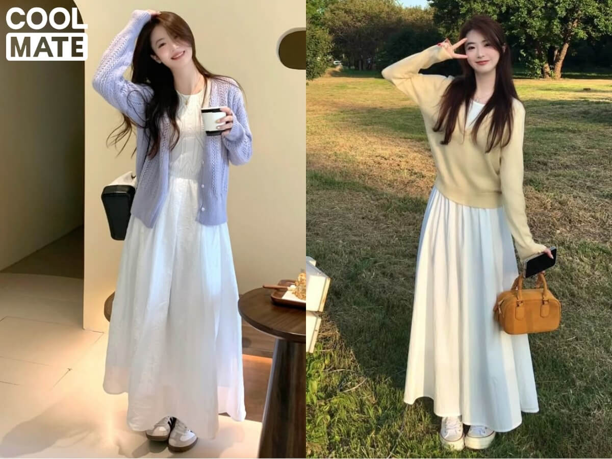 Phối áo cardigan hoặc len dáng ngắn và đầm maxi/chân váy dài