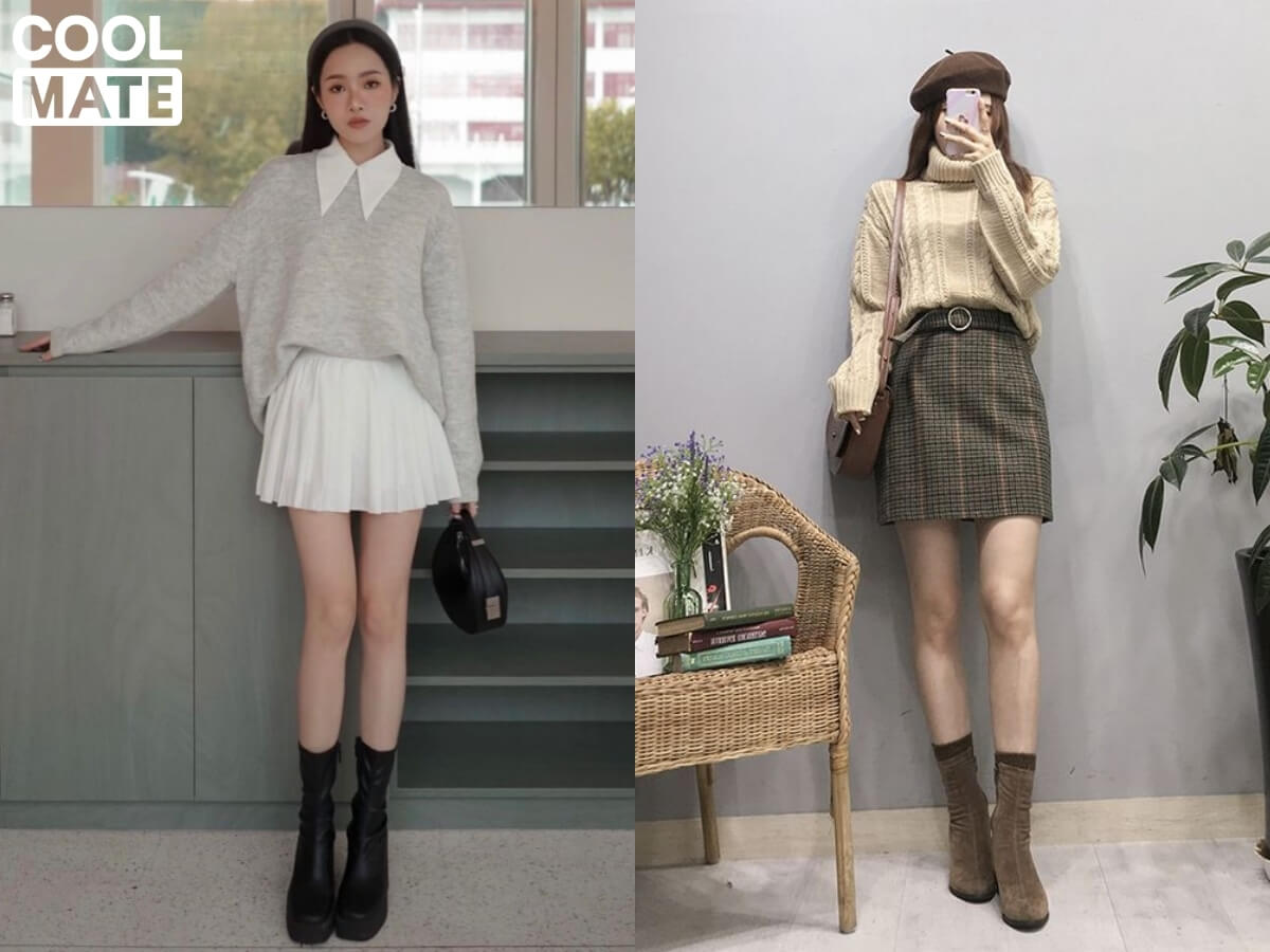 Mix áo len mỏng với chân váy cạp cao