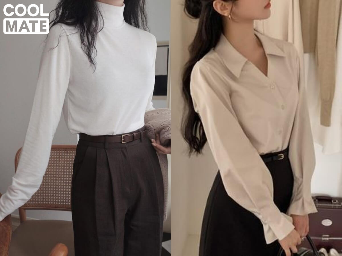 Phối áo cổ lọ hoặc cổ V với quần ống suông/ ống đứng cạp cao