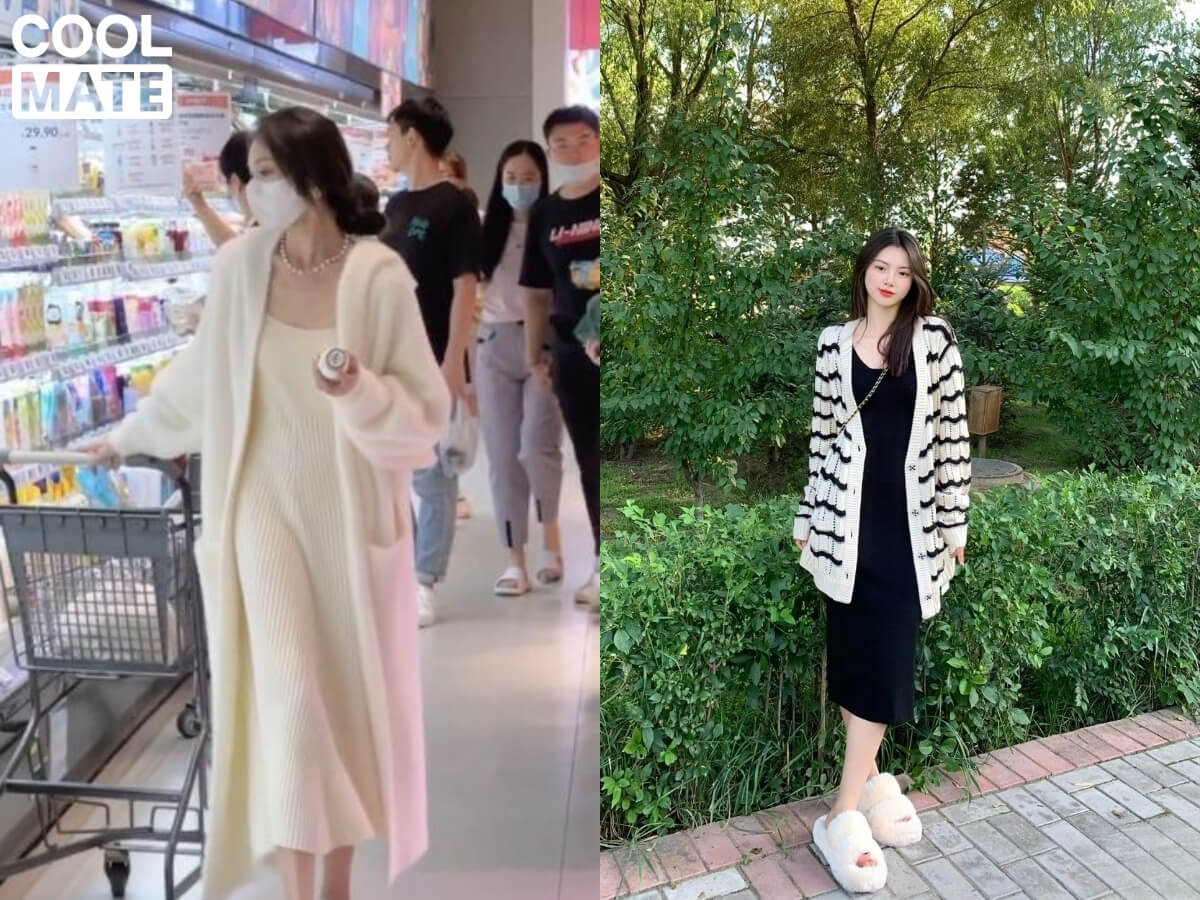 Kết hợp váy liền thân chiết eo cao và áo khoác dạ dài mặc mở