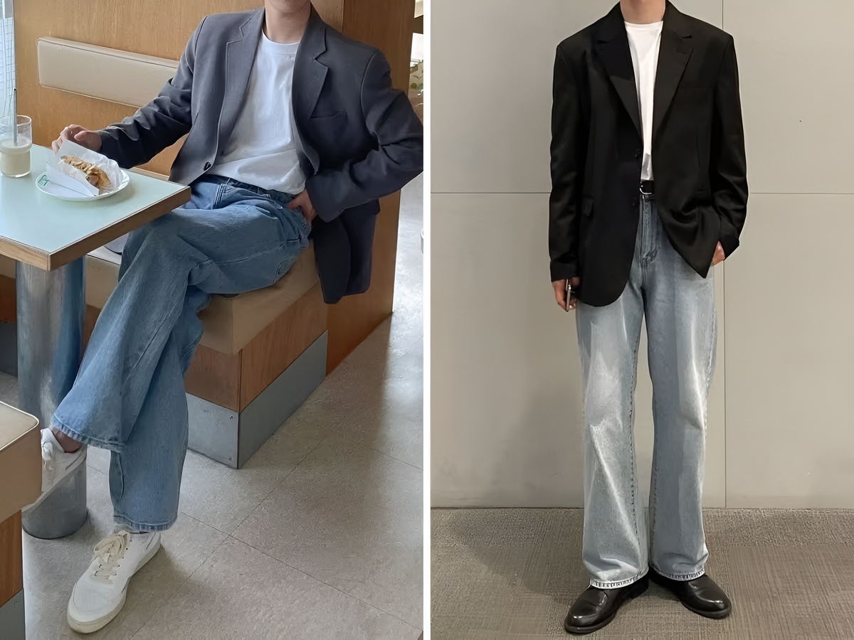 Blazer kết hợp với áo thun trắng và quần jean xanh nhạt