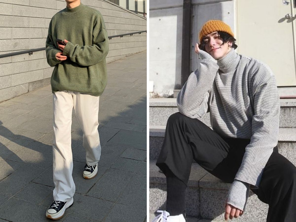 Cách phối đồ với quần ống rộng mùa đông với áo len nam