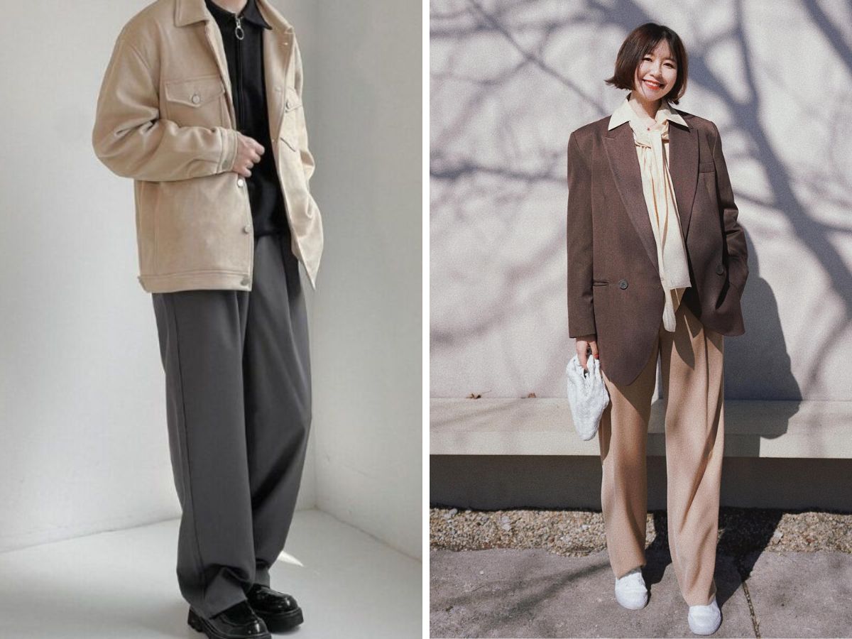 Quần ống rộng với áo khoác blazer/dạ dáng ngắn