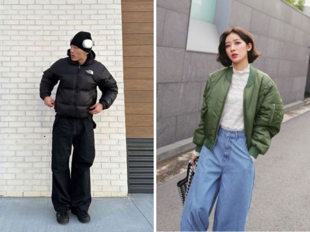 Quần ống rộng với áo khoác bomber/puffer jacket (áo phao)