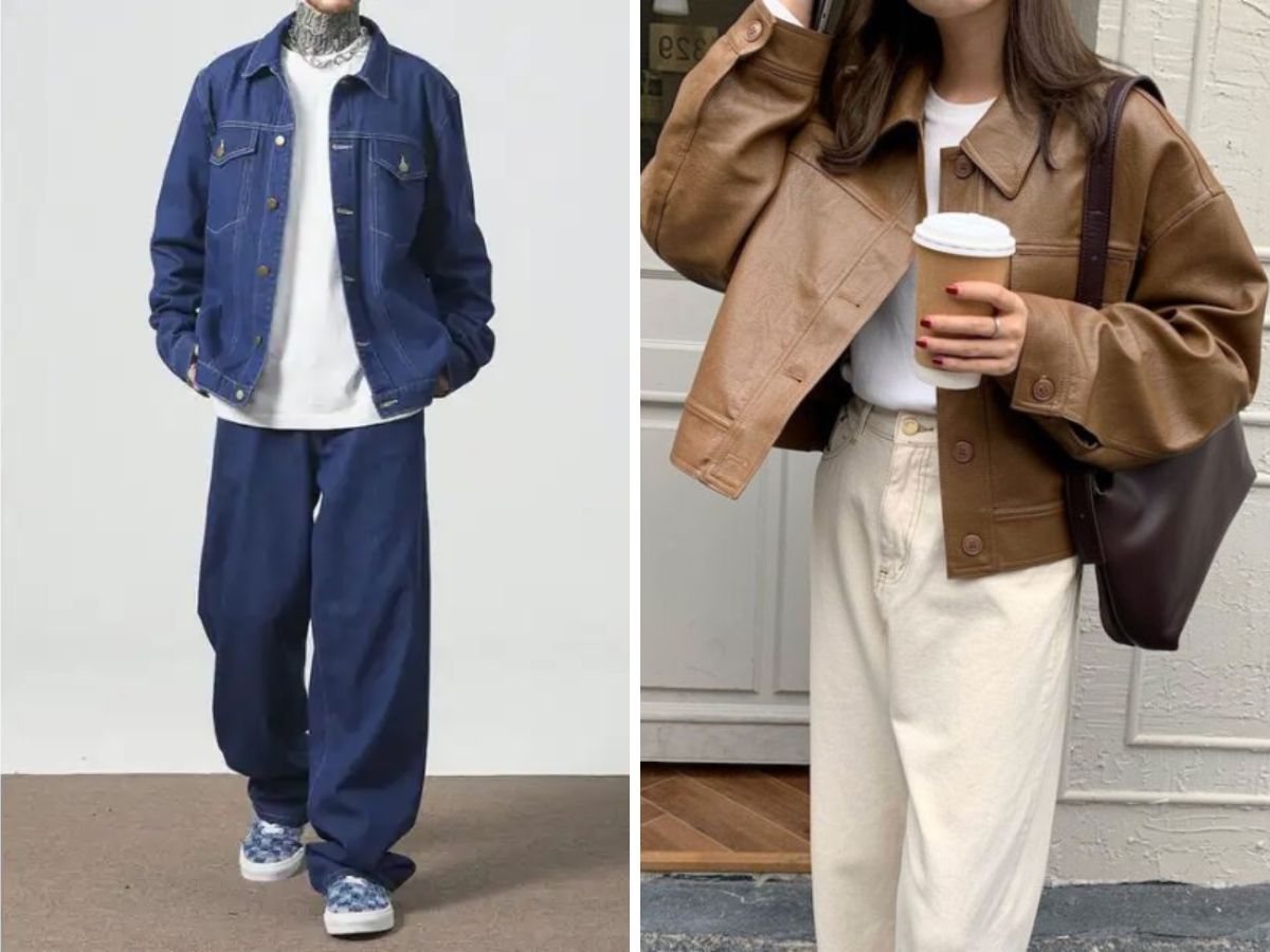 Quần ống rộng với áo khoác denim/da