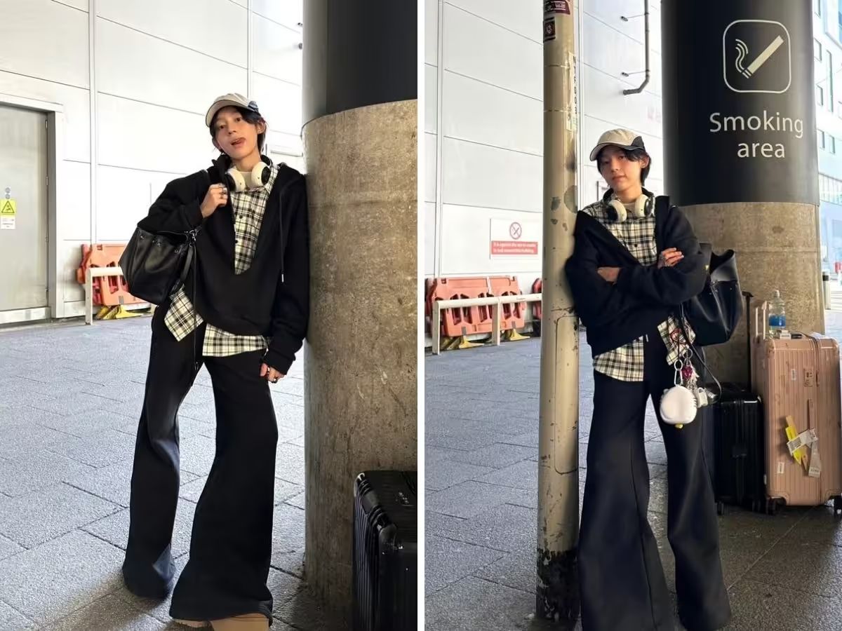 Quần ống rộng với phong cách phối đồ layering 3 lớp