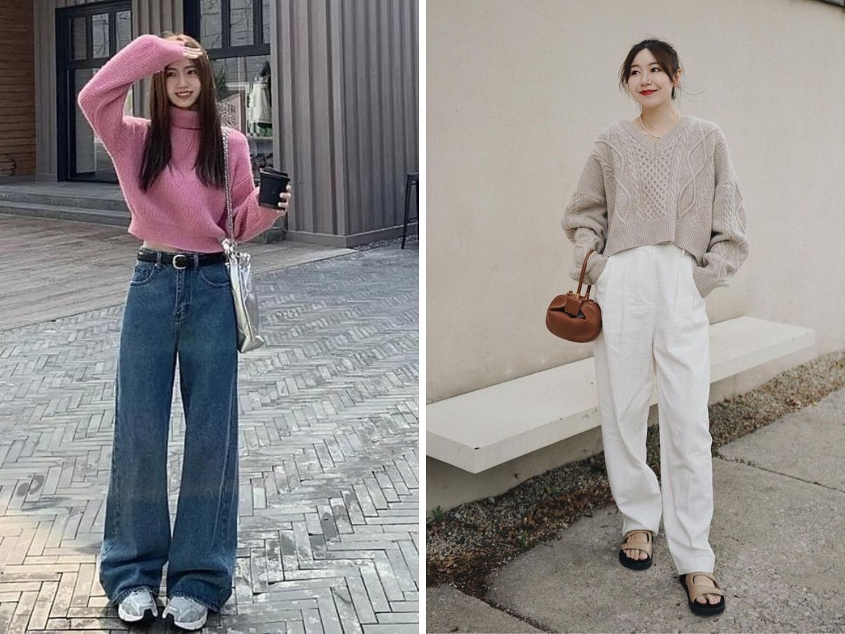 Cách phối đồ với quần ống rộng mùa đông với áo len nữ
