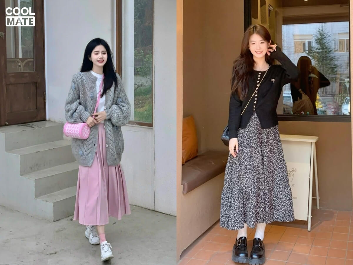 Phối chân váy midi và áo cardigan dày dặn