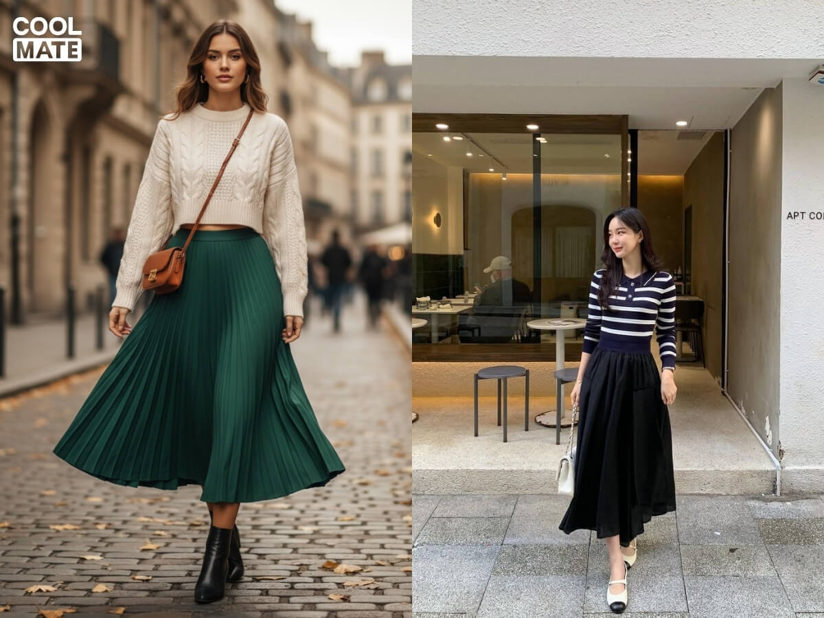 Phối chân váy midi và áo len croptop