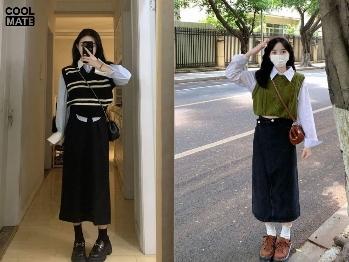 Phối chân váy midi xẻ tà với áo sơ mi và gile len