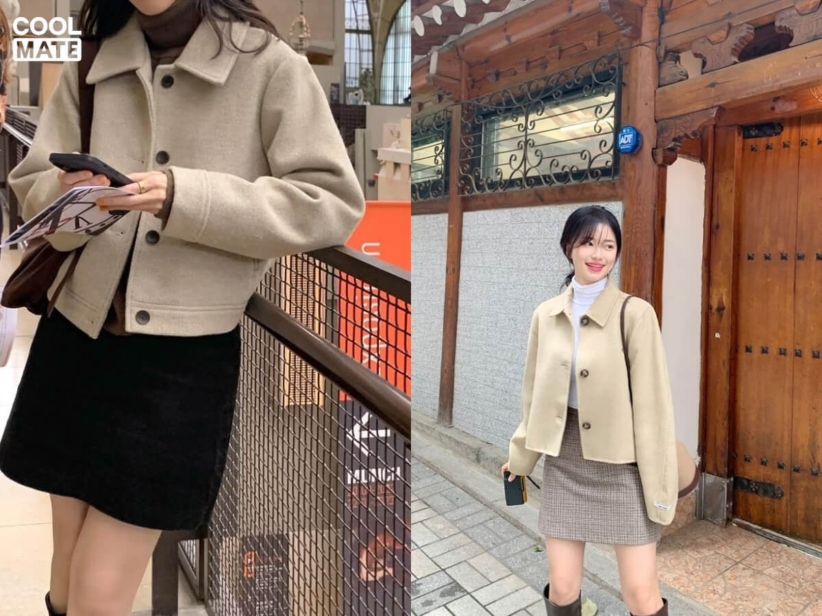 Phối chân váy ngắn chữ A với áo nỉ và áo khoác dạ ngắn