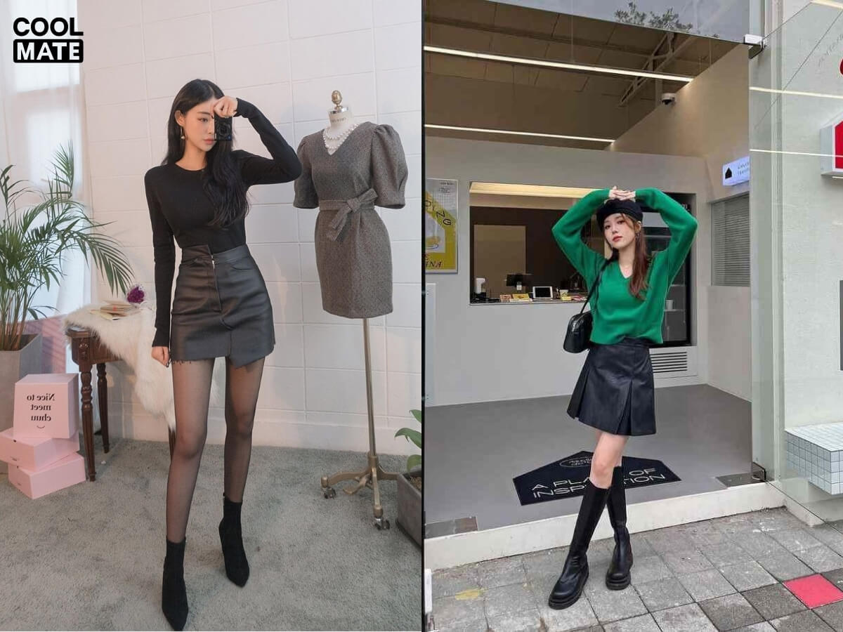 Phối chân váy ngắn da và boots cao cổ