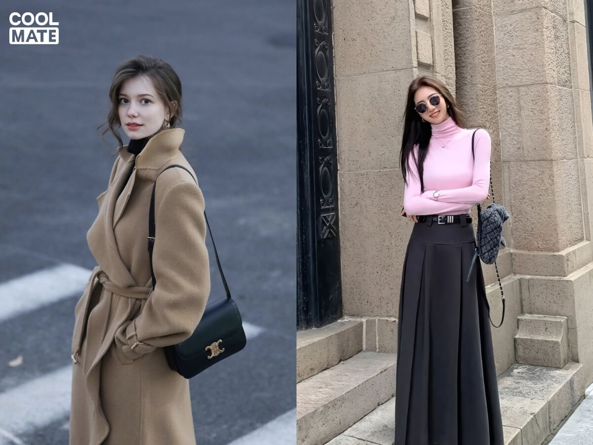 Thắt lưng nhấn eo tinh tế kết hợp cùng túi da hay dạ sẽ hoàn thiện set chân váy mùa đông thêm sang trọng