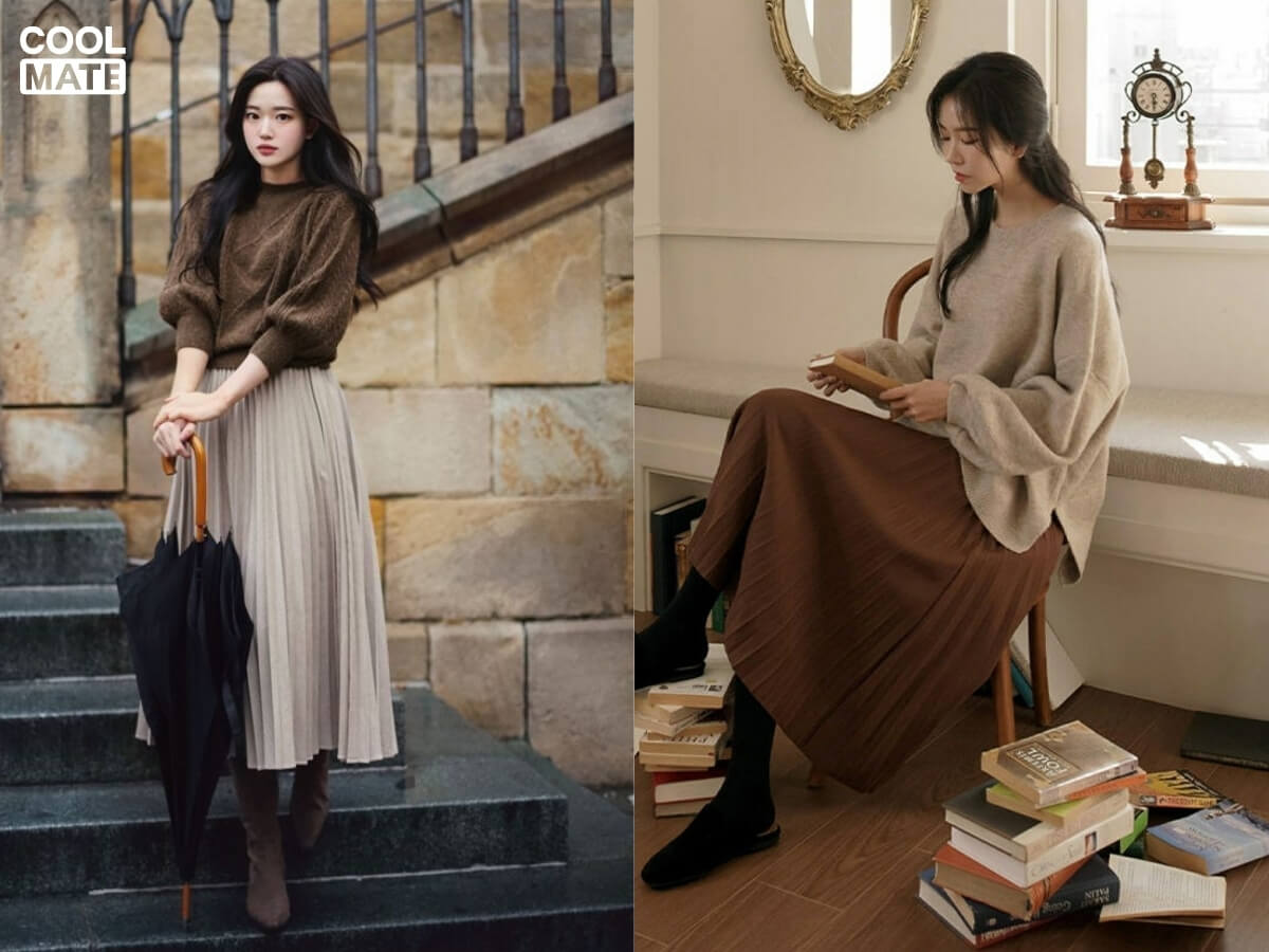 phối chân váy dài và Áo len (cổ lọ/oversize)
