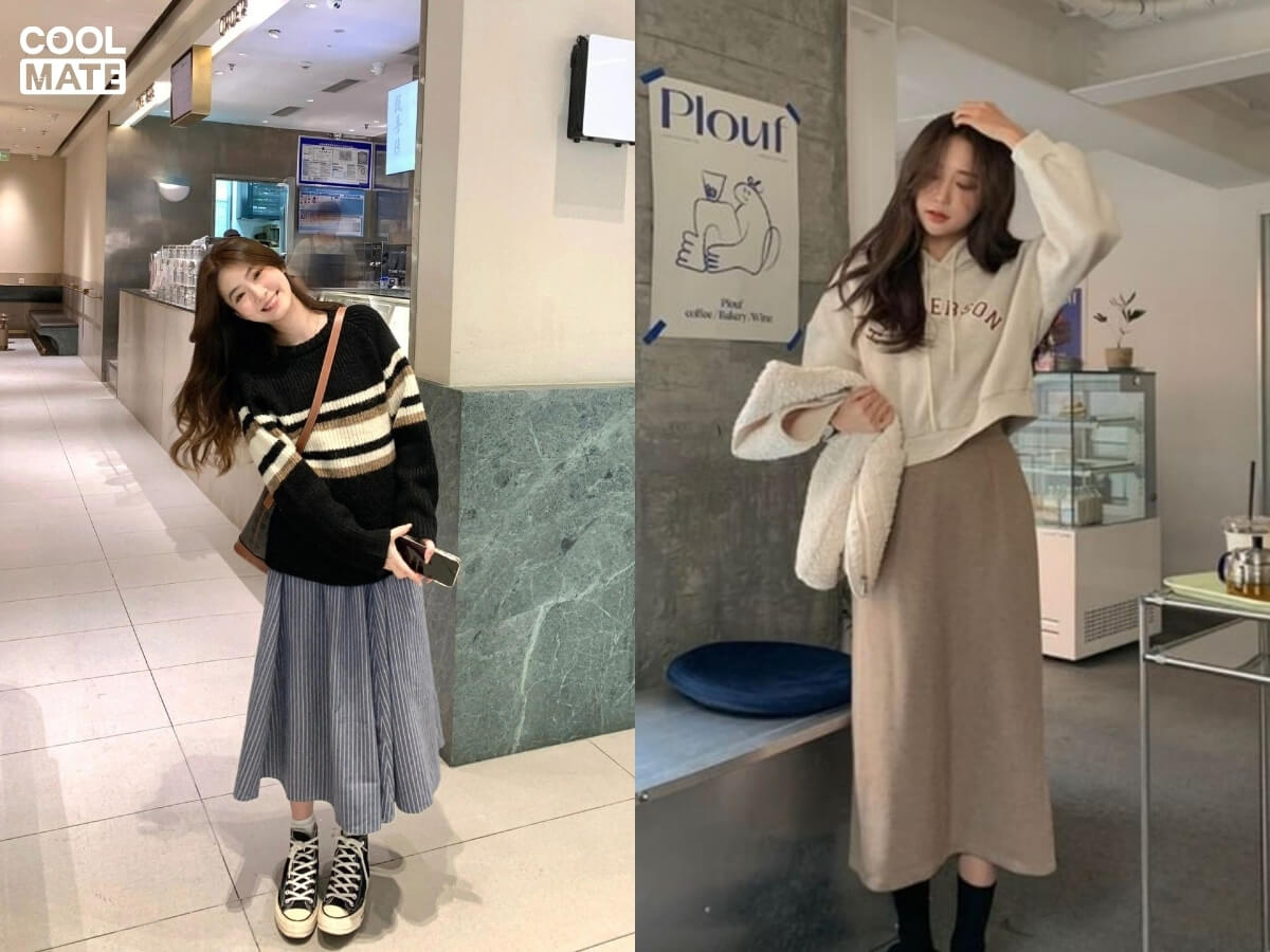 Phối chân váy dài và áo hoodie/sweater