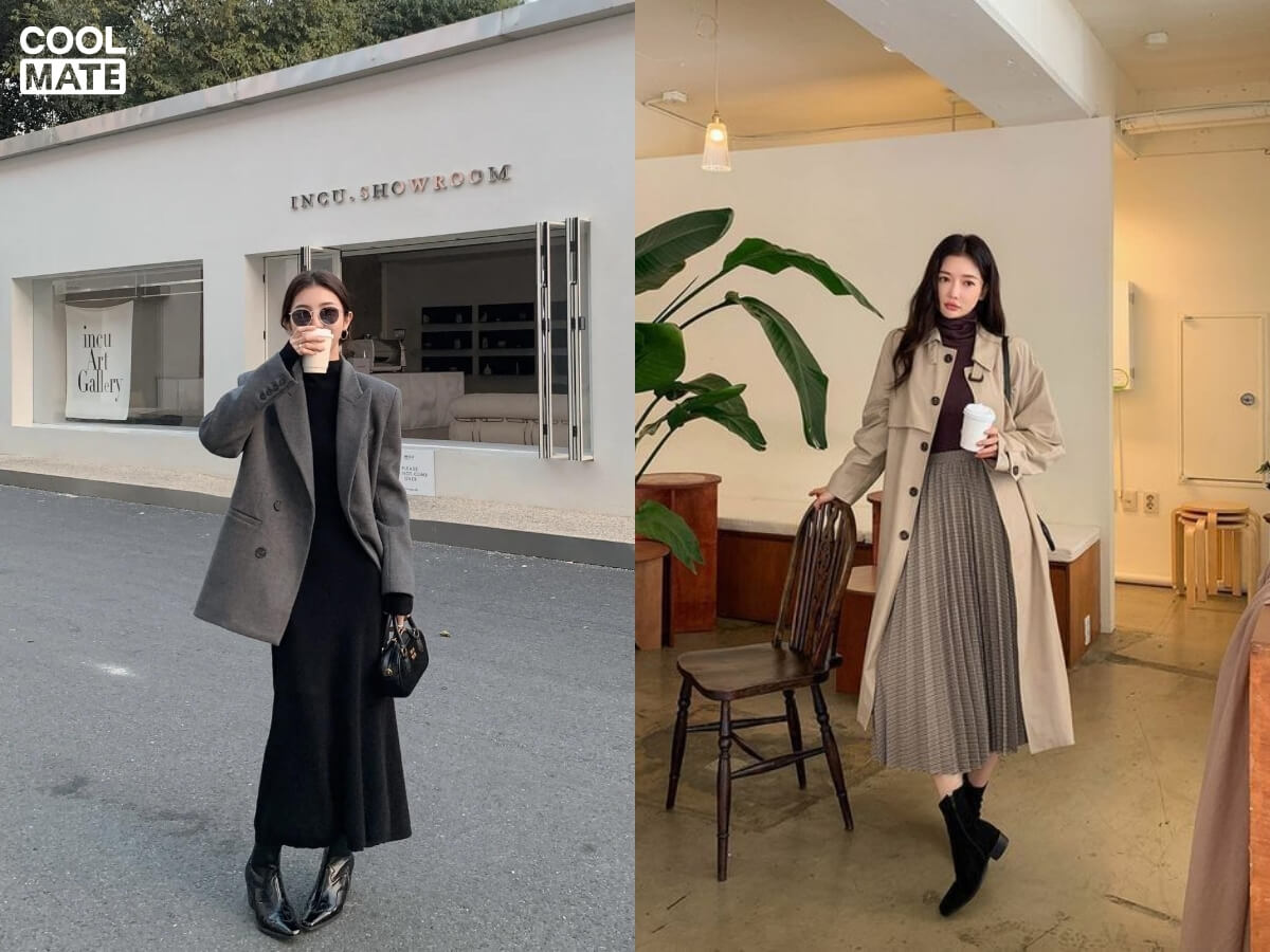 Phối chân váy dài và áo khoác blazer/măng tô