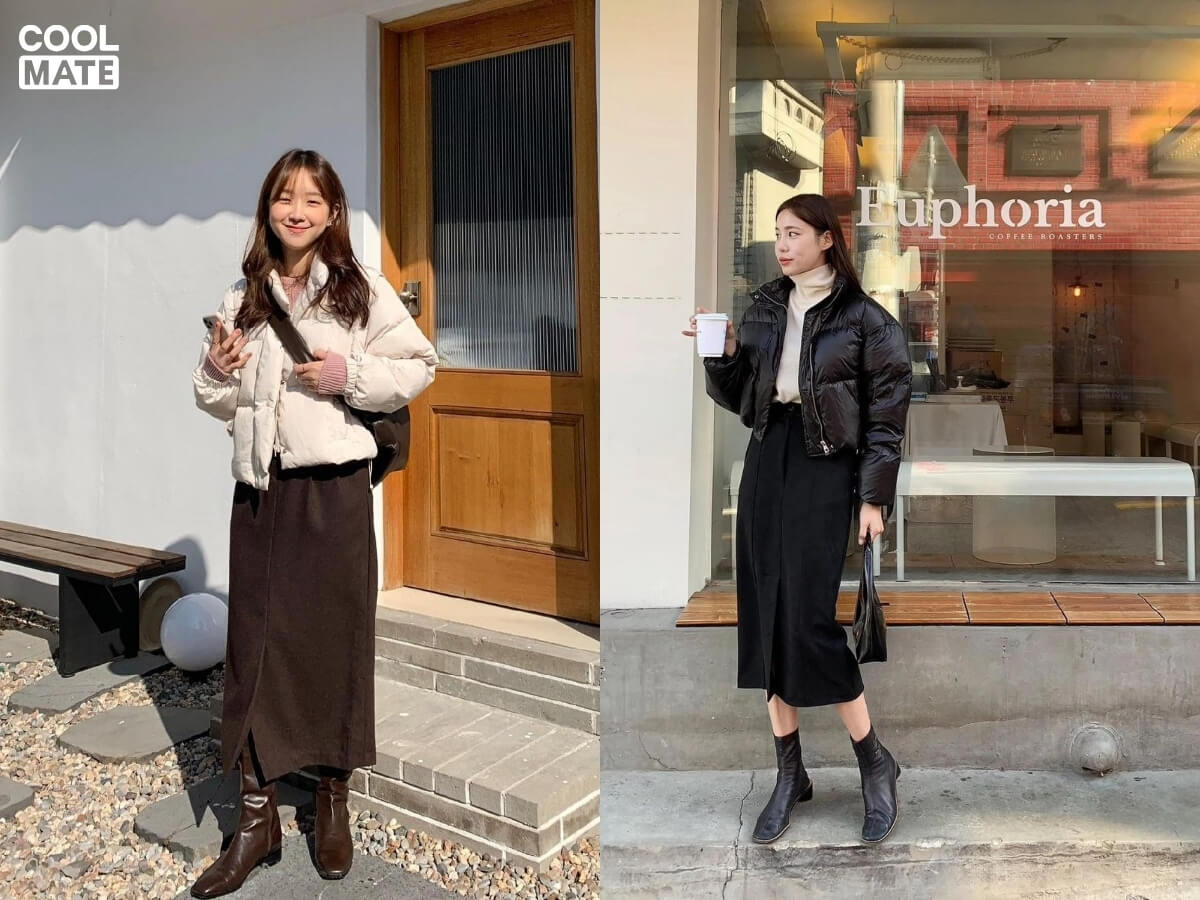 Phối chân váy dài và áo khoác phao/bomber