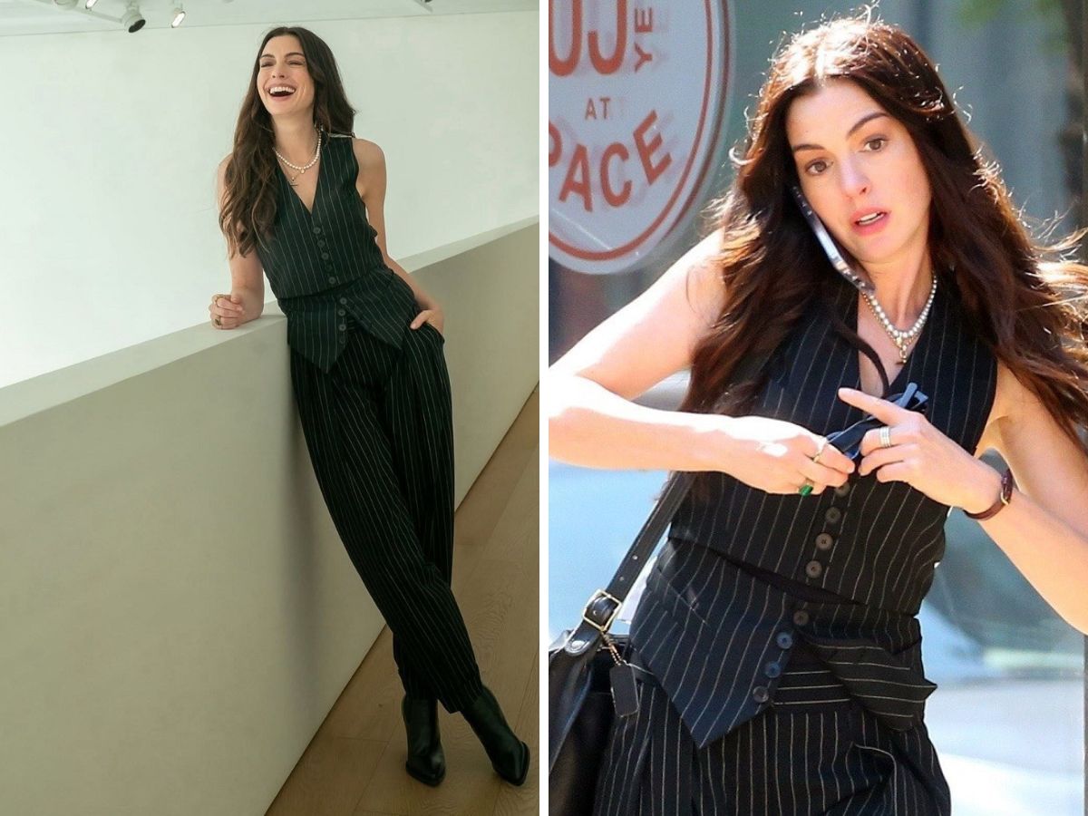 Hathaway với bộ đồ có họa tiết kẻ sọc cực sang trọng