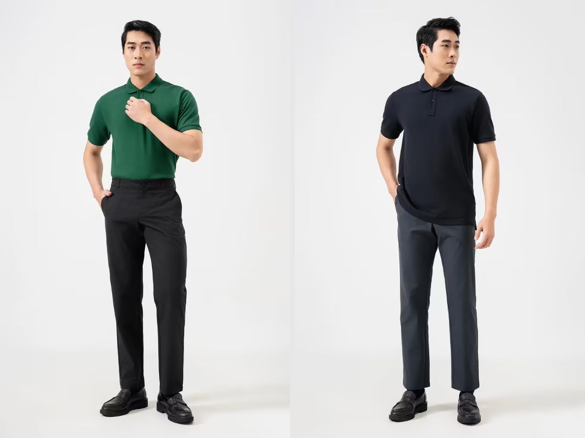 Quần Dài Nam Kaki Excool dáng Straight phối cùng áo thun có cổ
