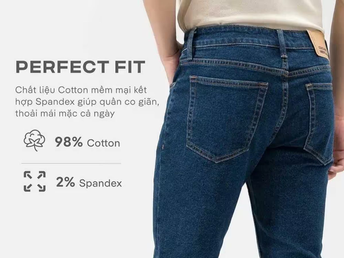 Quần được chế tác từ chất liệu denim cao cấp, kết hợp giữa Cotton mềm mại và Spandex co giãn linh hoạt