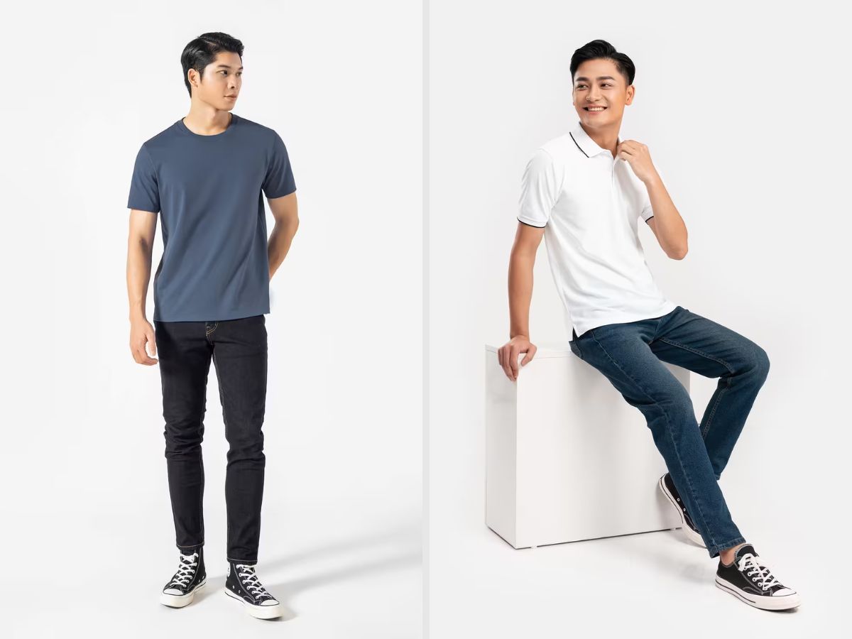 Quần Jeans Nam Basics dáng Slim fit phối với áo thun/polo