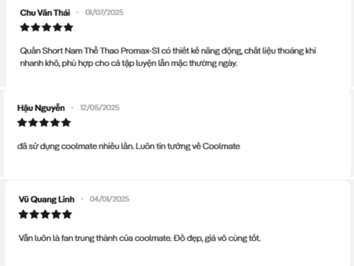 Các review quần short nam thể thao promax-s1 của khách hàng khi sử dụng sản phẩm trên website