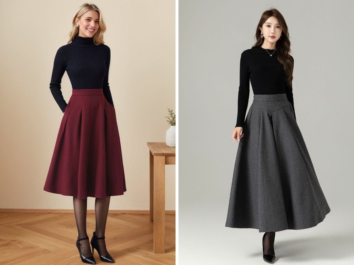 Outfit chuẩn Hàn với chân váy dạ