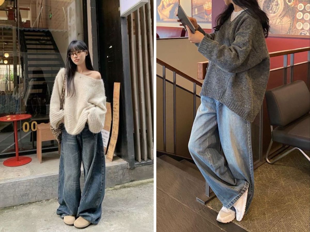 Cách mix đồ với giày thể thao nữ cùng áo len oversize và quần jean