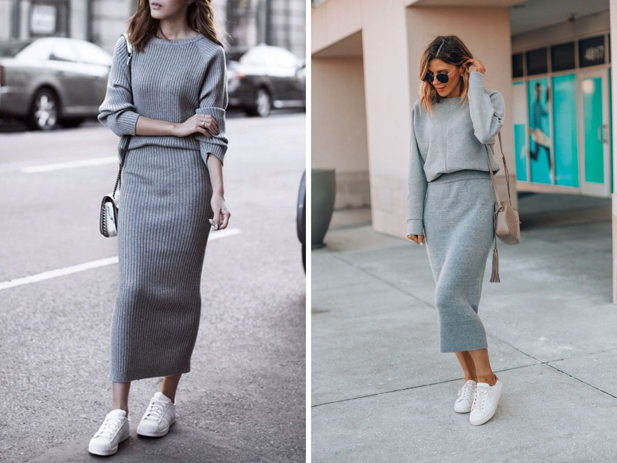 Giày sneaker và chân váy len là bộ đôi hoàn hảo ngày đông