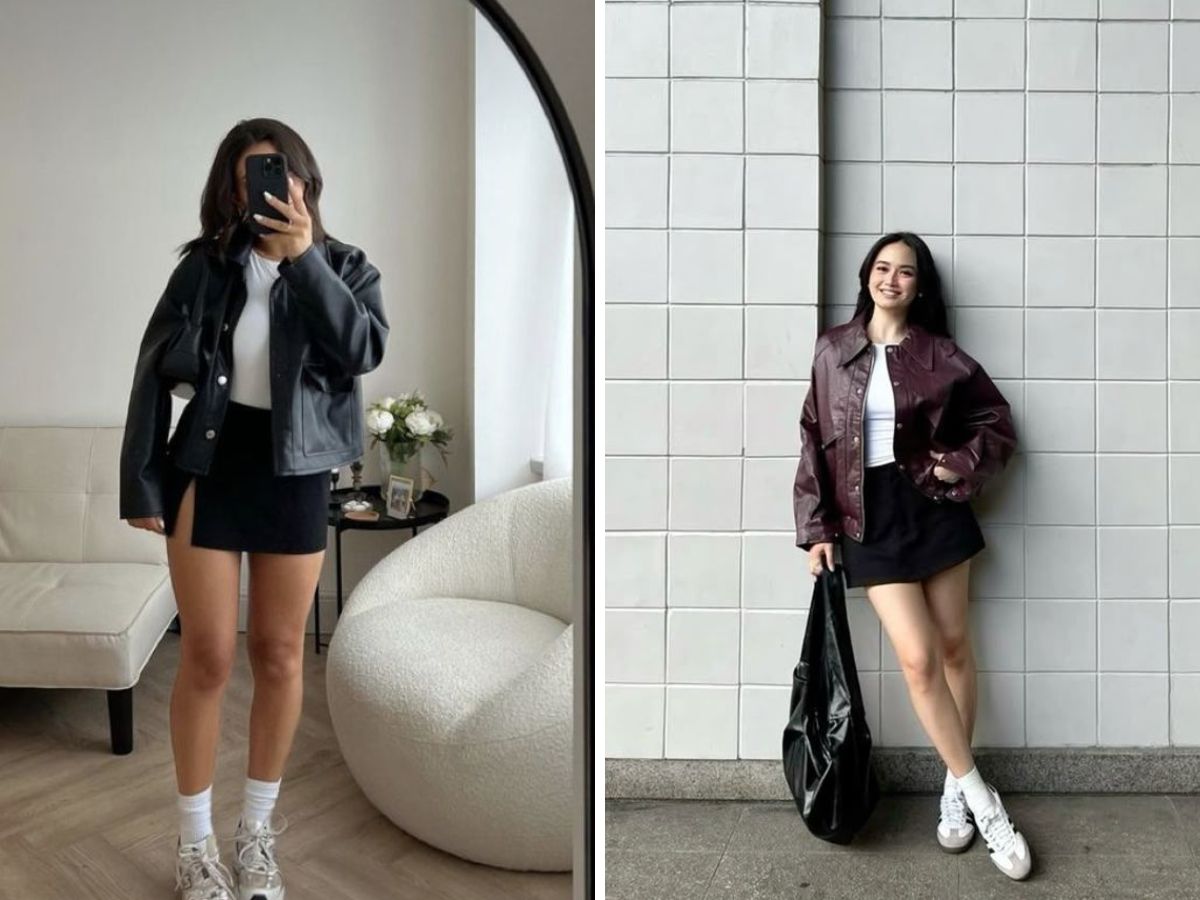Thêm cá tính với áo khoác da, chân váy ngắn và giày thể thao