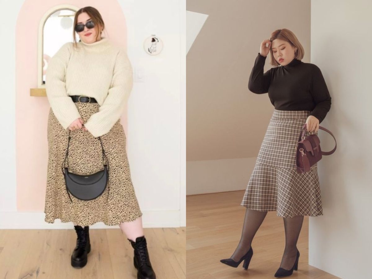 Áo len cổ lọ mix chân váy midi chữ A