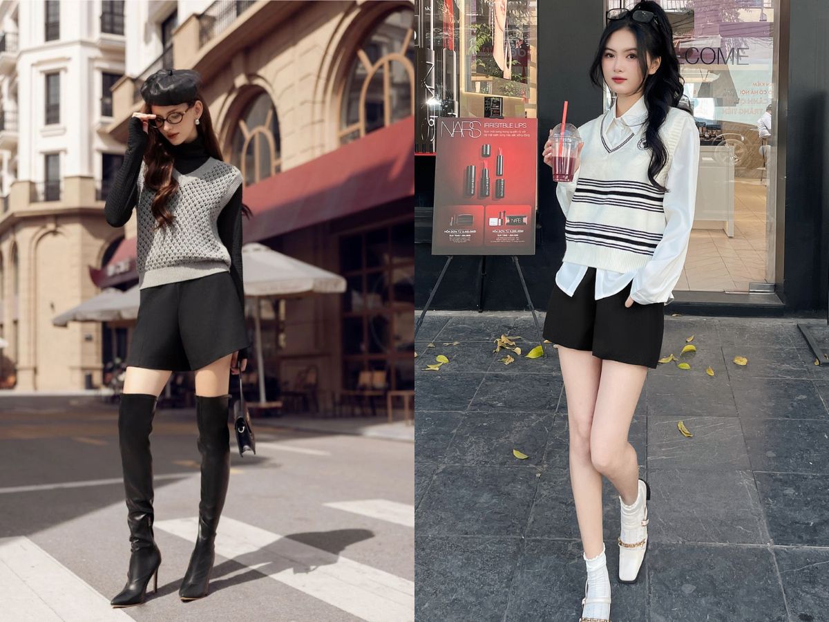 Phong cách Preppy thanh lịch cùng quần short vải và áo gile len