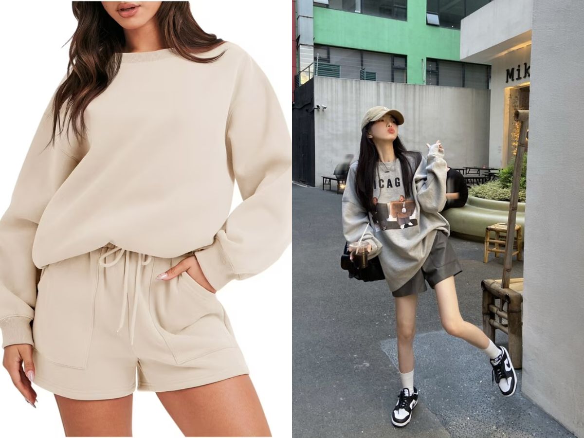 Đơn giản mà thoải mái với quần short kaki/nỉ và áo sweatshirt