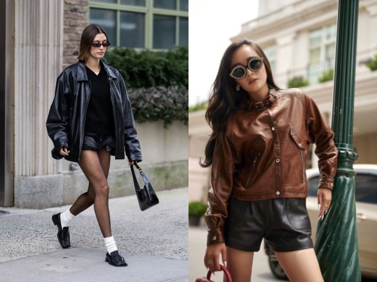 Cá tính cùng quần short da, áo khoác da và boots hầm hố