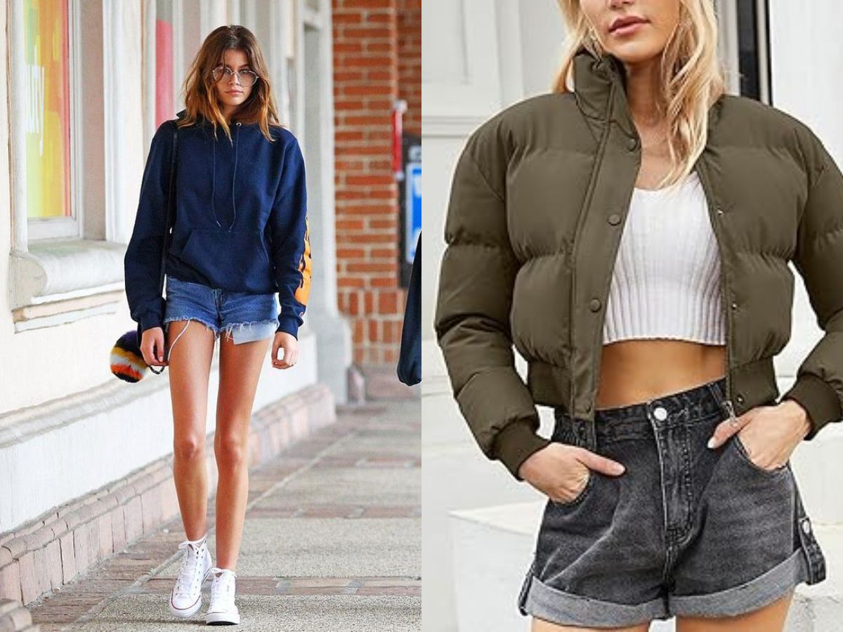Năng động với quần short jean, hoodie và áo khoác phao
