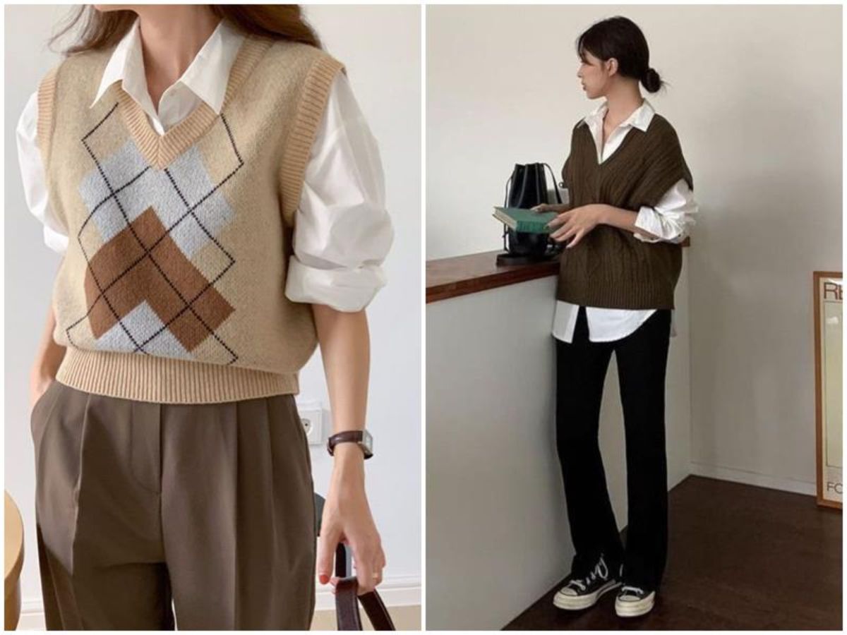 Phối áo sơ mi bên trong + áo len gile + quần ống rộng cạp cao