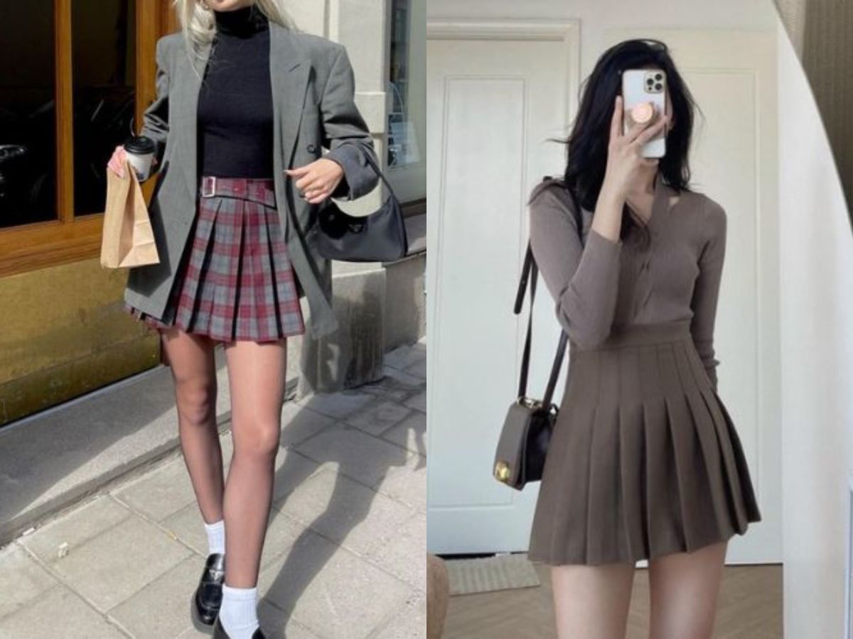 Phối áo khoác dạ dáng ngắn + chân váy xếp ly + áo cổ lọ