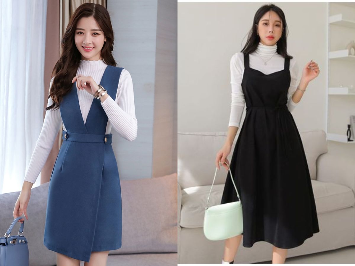 Phối váy yếm ngắn + áo len ôm sát