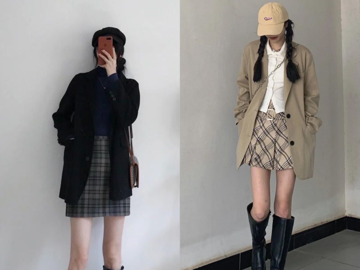 Phối áo blazer dáng ngắn + chân váy chữ a/quần shorts + tất đùi