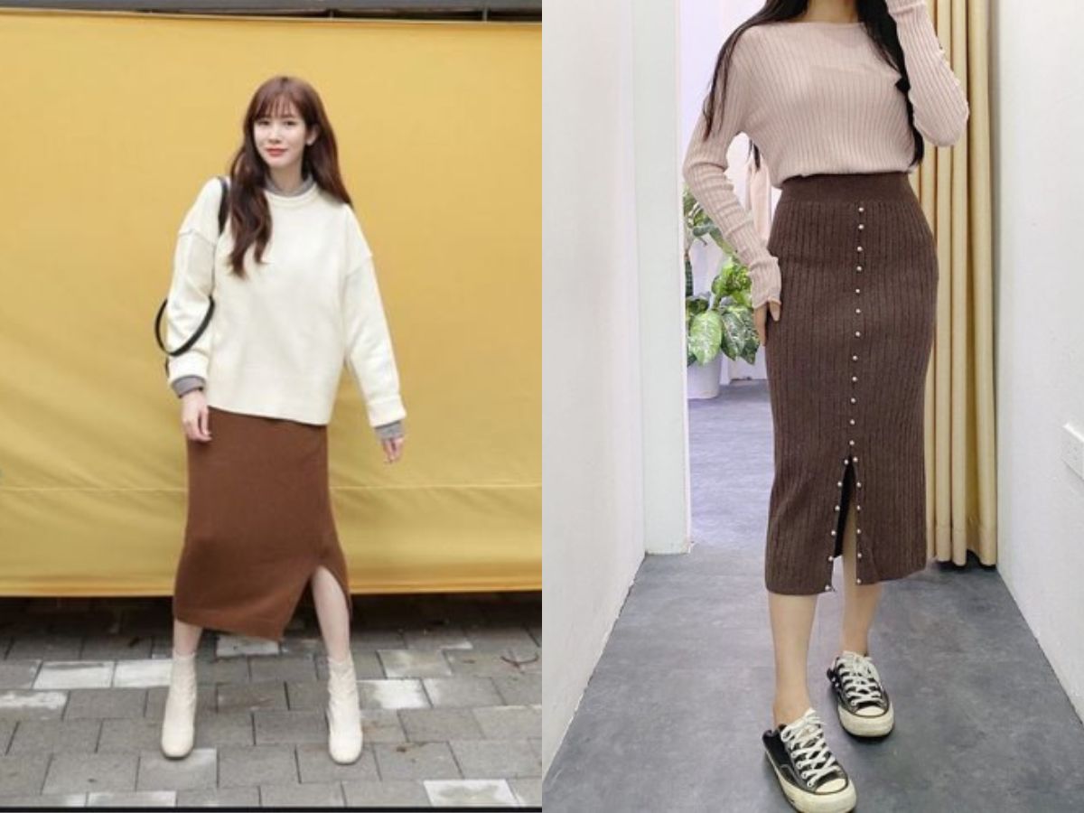 Phối áo len tăm + chân váy midi xẻ tà cạp cao