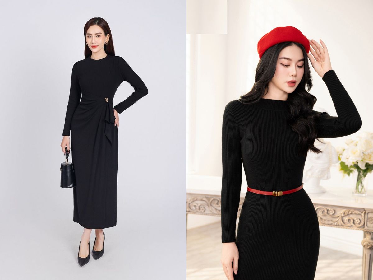 Phối đầm len ôm có chiết eo hoặc thắt lưng