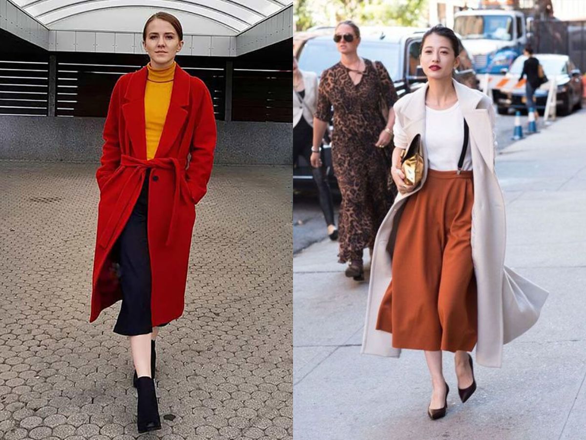 Phối áo khoác trench coat dáng lửng + quần culottes cạp cao