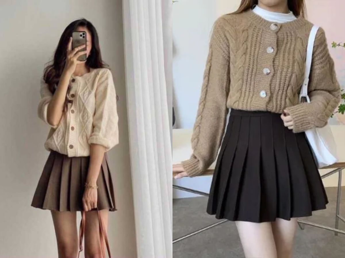 Phối áo cardigan dáng lửng + áo thun basic + chân váy tennis/short
