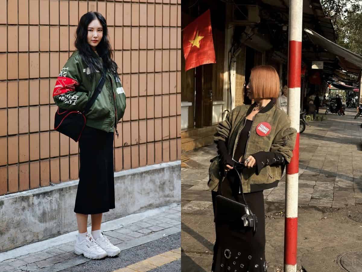 Phối áo khoác bomber + đầm suông ngắn + giày sneaker độn đế