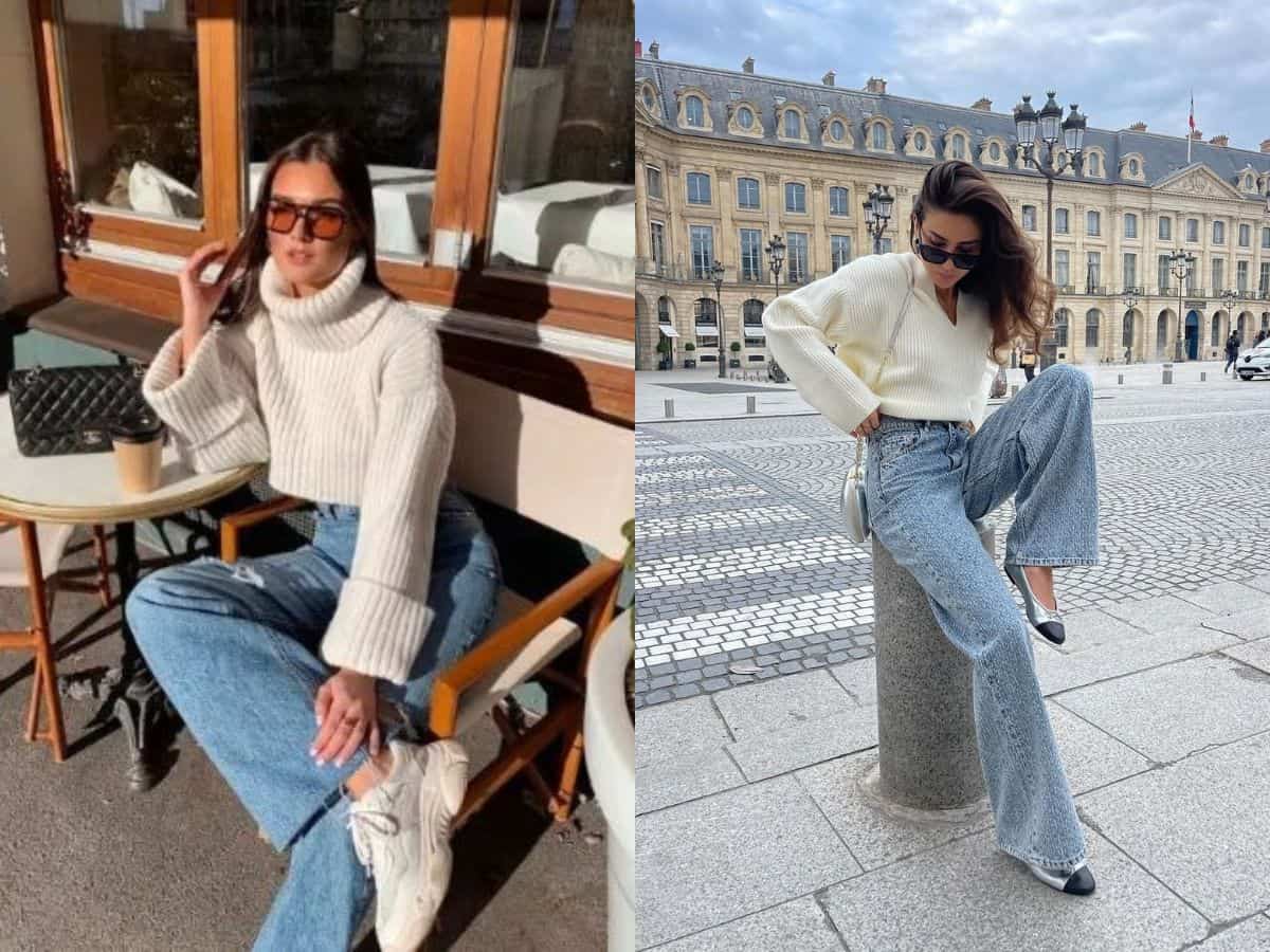 Phối áo len croptop + quần jeans cạp cao ống đứng