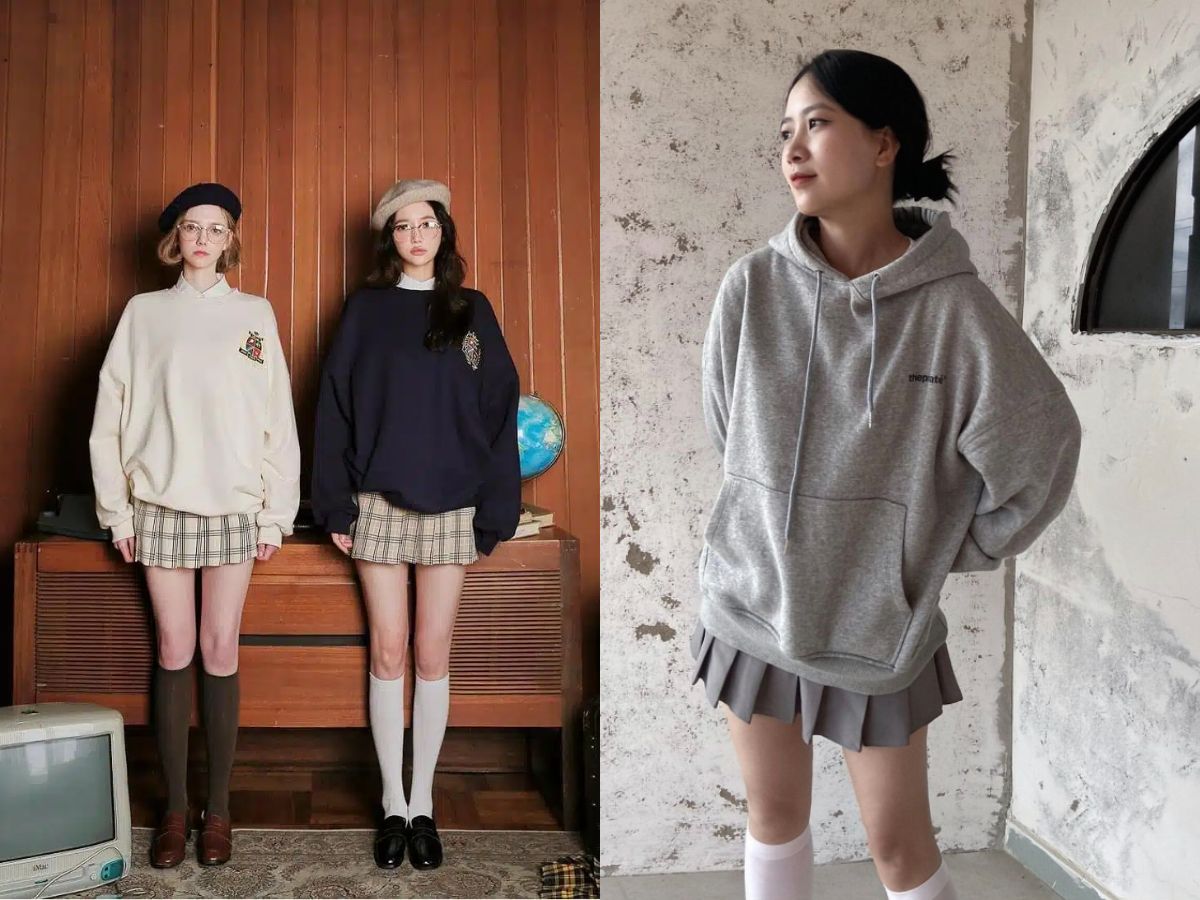 Phối áo hoodie/sweatshirt + chân váy chữ a ngắn + tất cao cổ