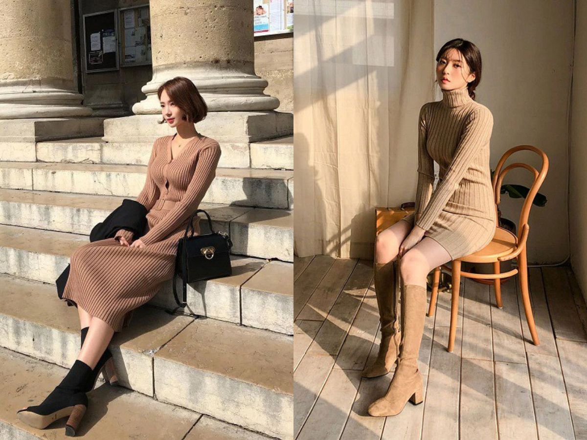 Phối váy len suông dáng ngắn + Giày boots cổ thấp