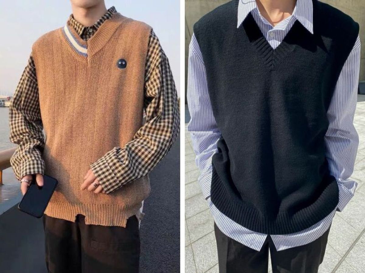 Phối layering áo gile len + Sơ mi + Áo khoác ngoài