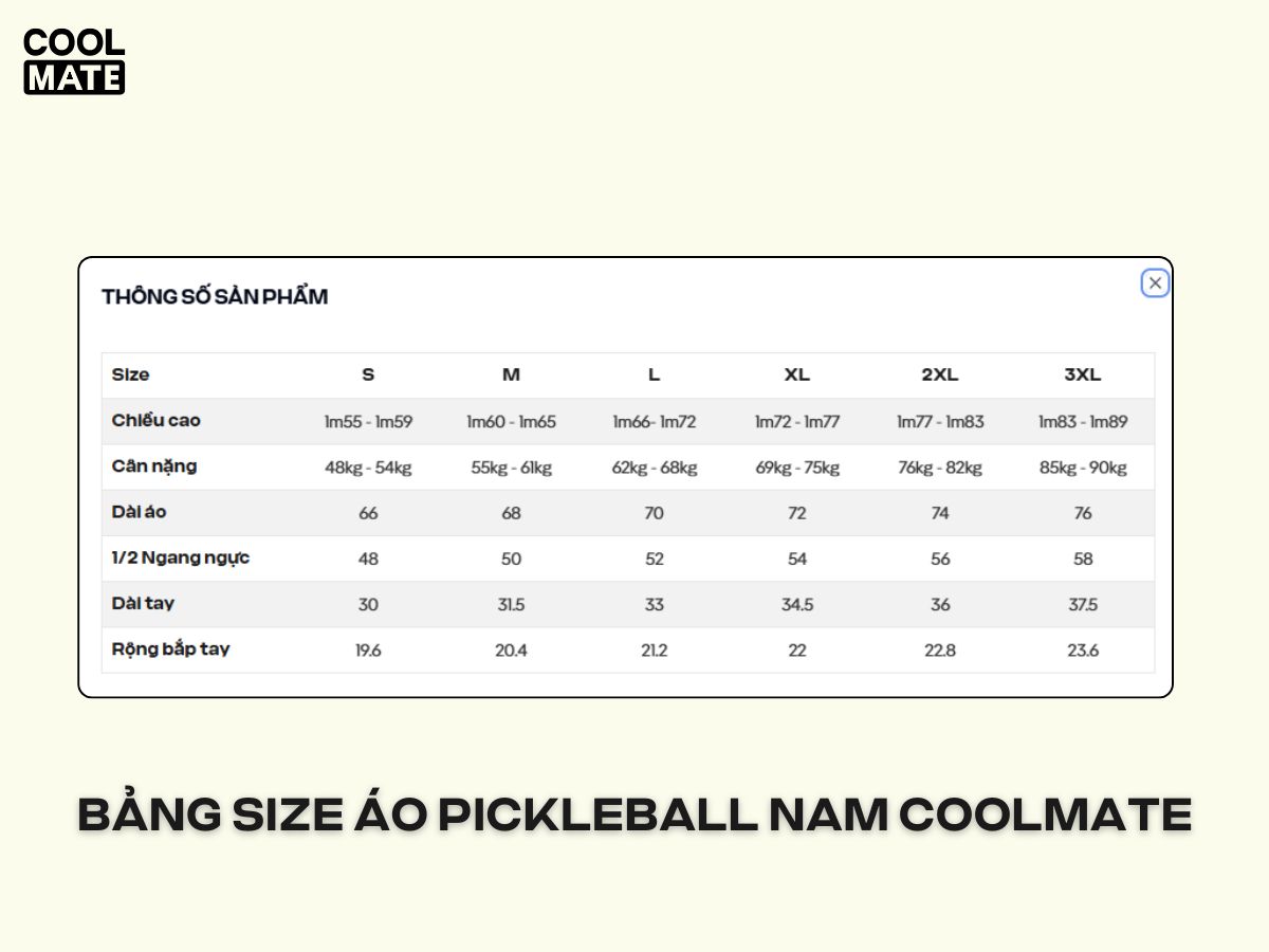 Tham khảo bảng size Coolmate khi chọn top áo pickleball nam