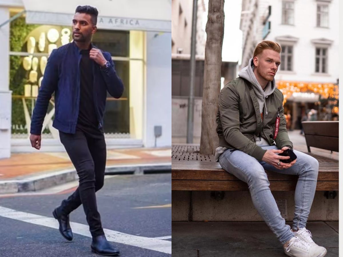 Áo khoác gió/Gile ấm áp + Áo giữ nhiệt/Áo thun basic + Quần jean tối màu